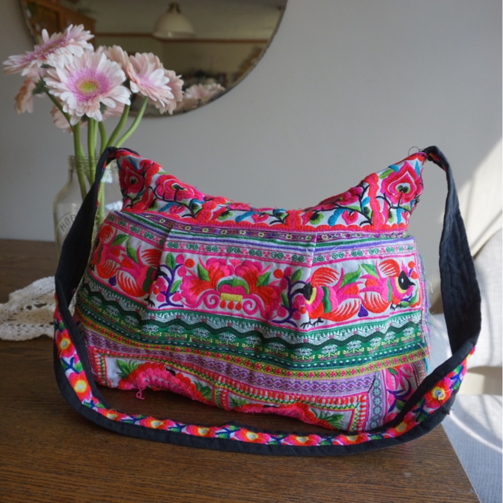 Embroidered Boho Large Colorful Zipper Tote Bag Made In Vietnam